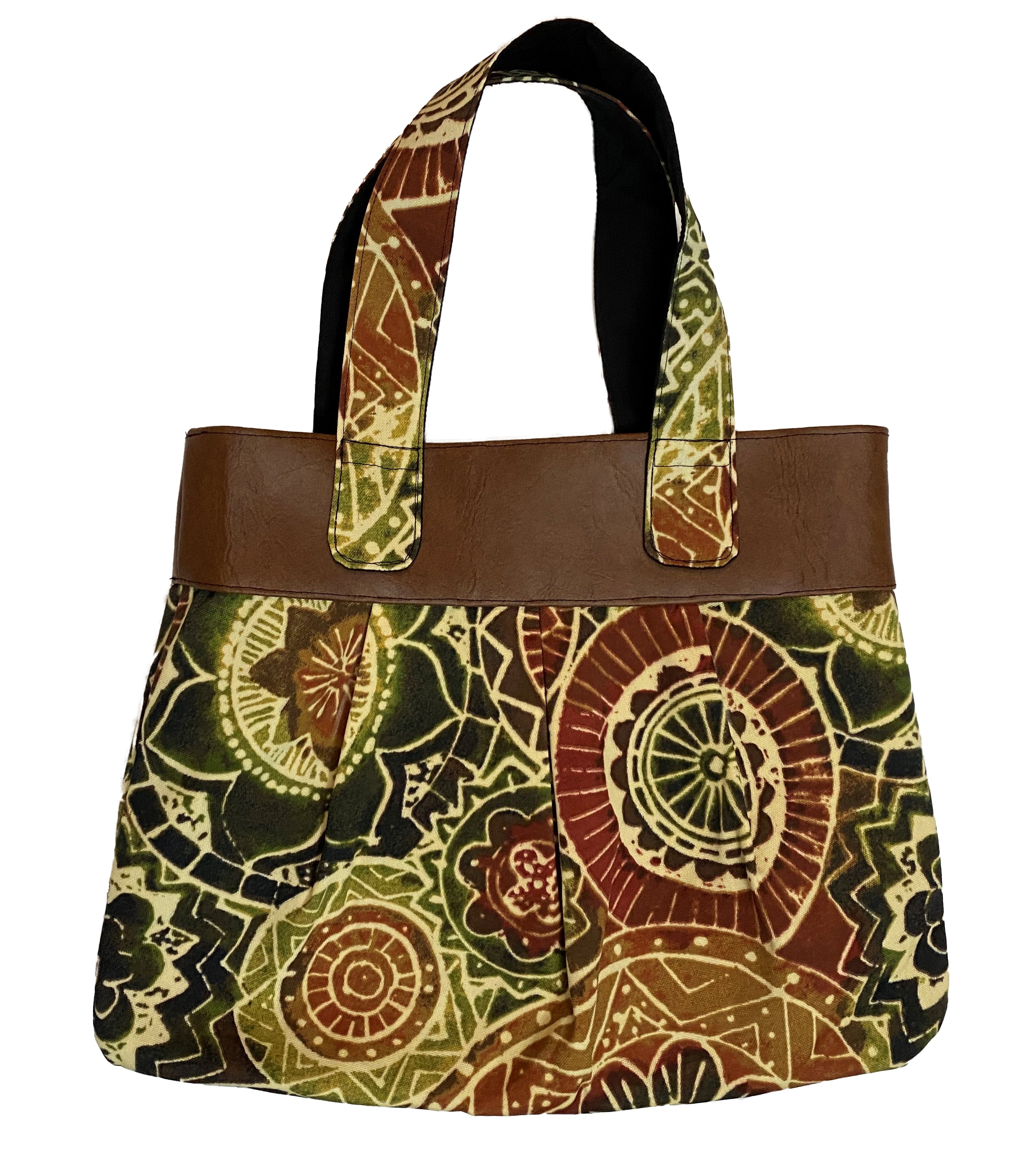 A spacious,open-top totebag with two shoulder straps, brown fall pattern, ideal for shopping, errands, or casual outings. 
