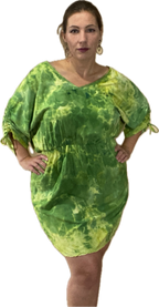 SHORT SLEEVE V NECK GATHERED ELASTIC WAIST 100%RAYON BLOUSON MIDI DRESS