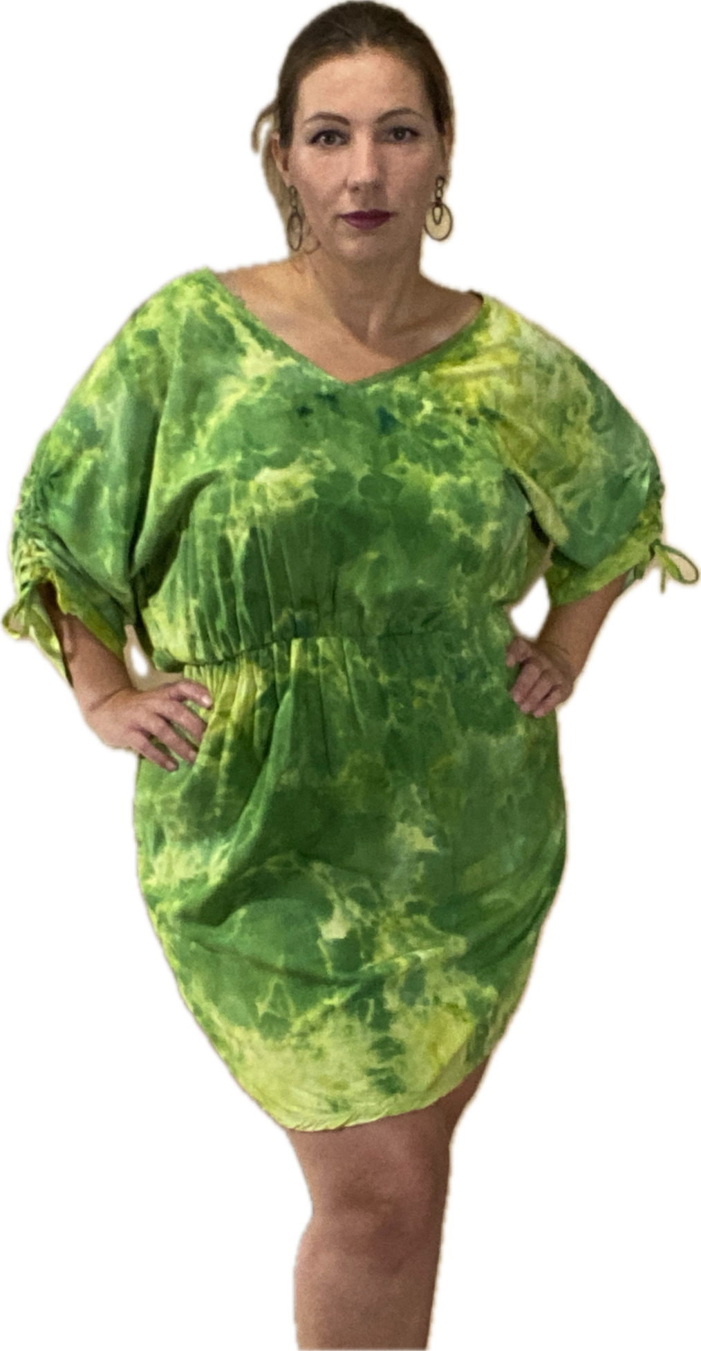 SHORT SLEEVE V NECK GATHERED ELASTIC WAIST 100%RAYON BLOUSON MIDI DRESS