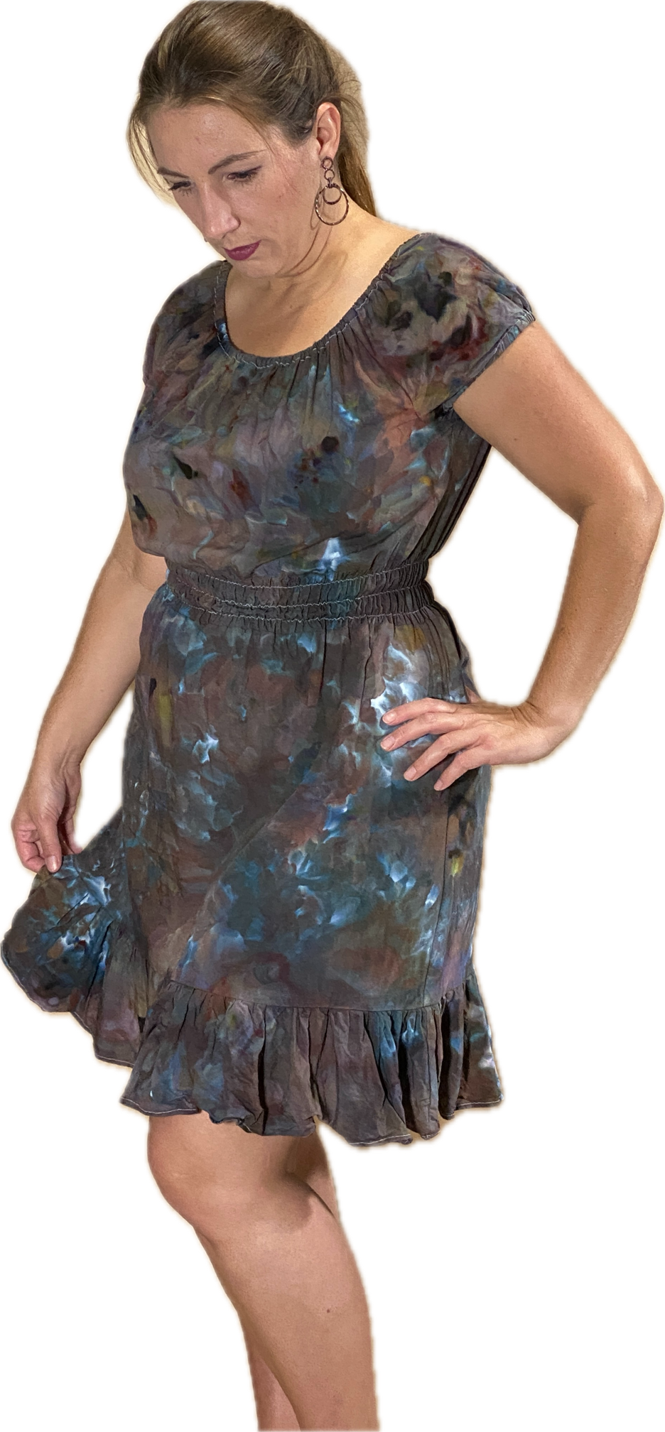 SHORT PUFF-SLEEVE SMOCKED 100% RAYON DRESS