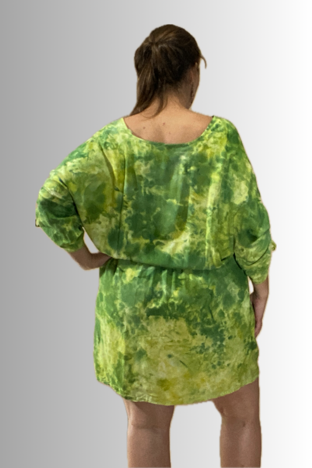 SHORT SLEEVE V NECK GATHERED ELASTIC WAIST 100%RAYON BLOUSON MIDI DRESS