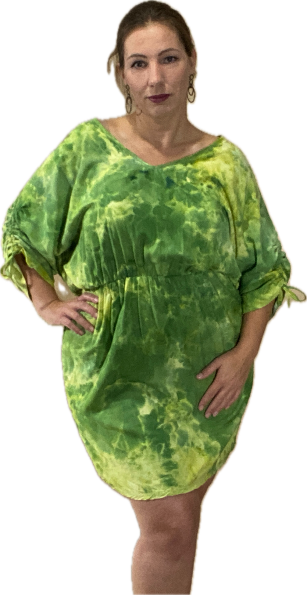 SHORT SLEEVE V NECK GATHERED ELASTIC WAIST 100%RAYON BLOUSON MIDI DRESS