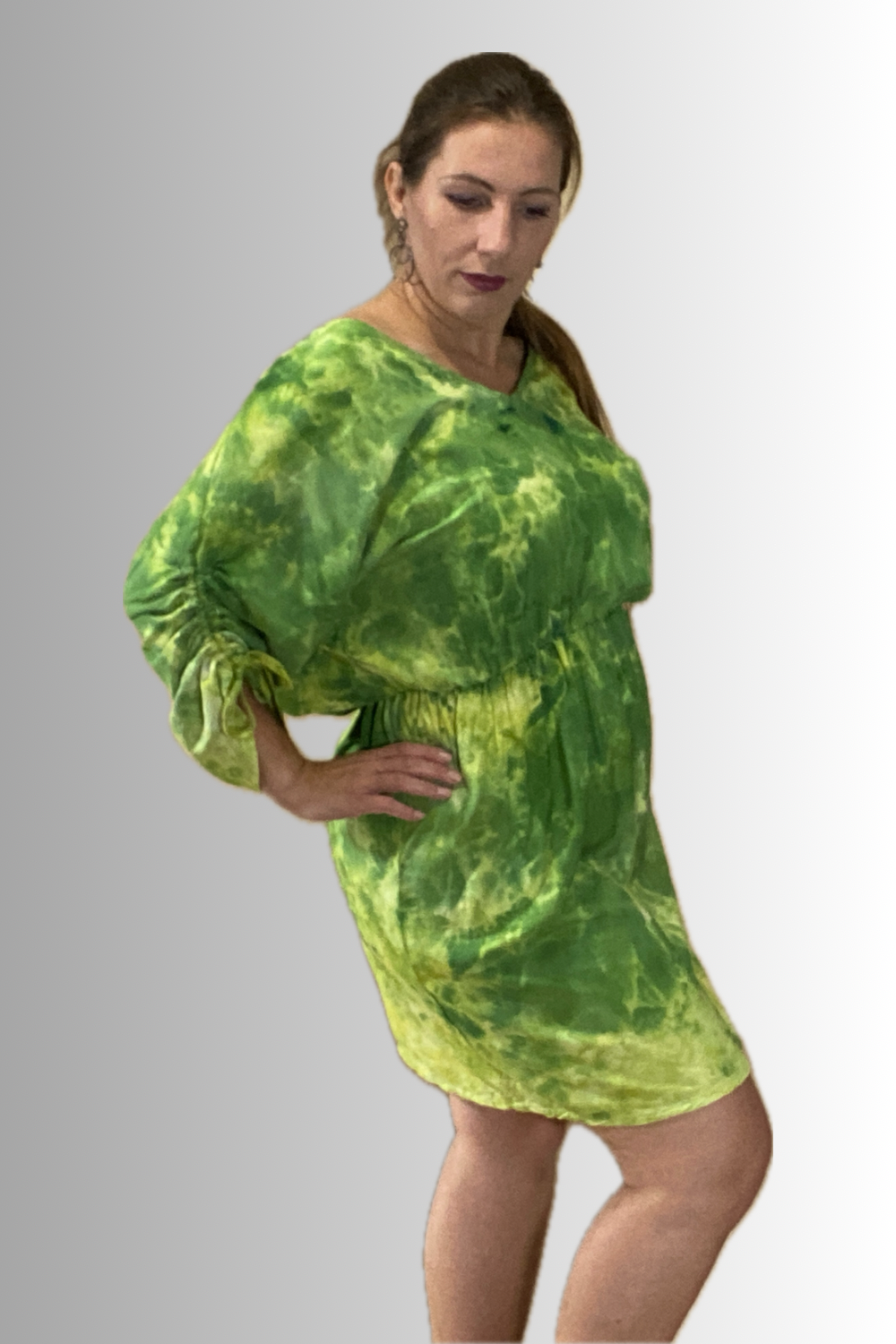 SHORT SLEEVE V NECK GATHERED ELASTIC WAIST 100%RAYON BLOUSON MIDI DRESS