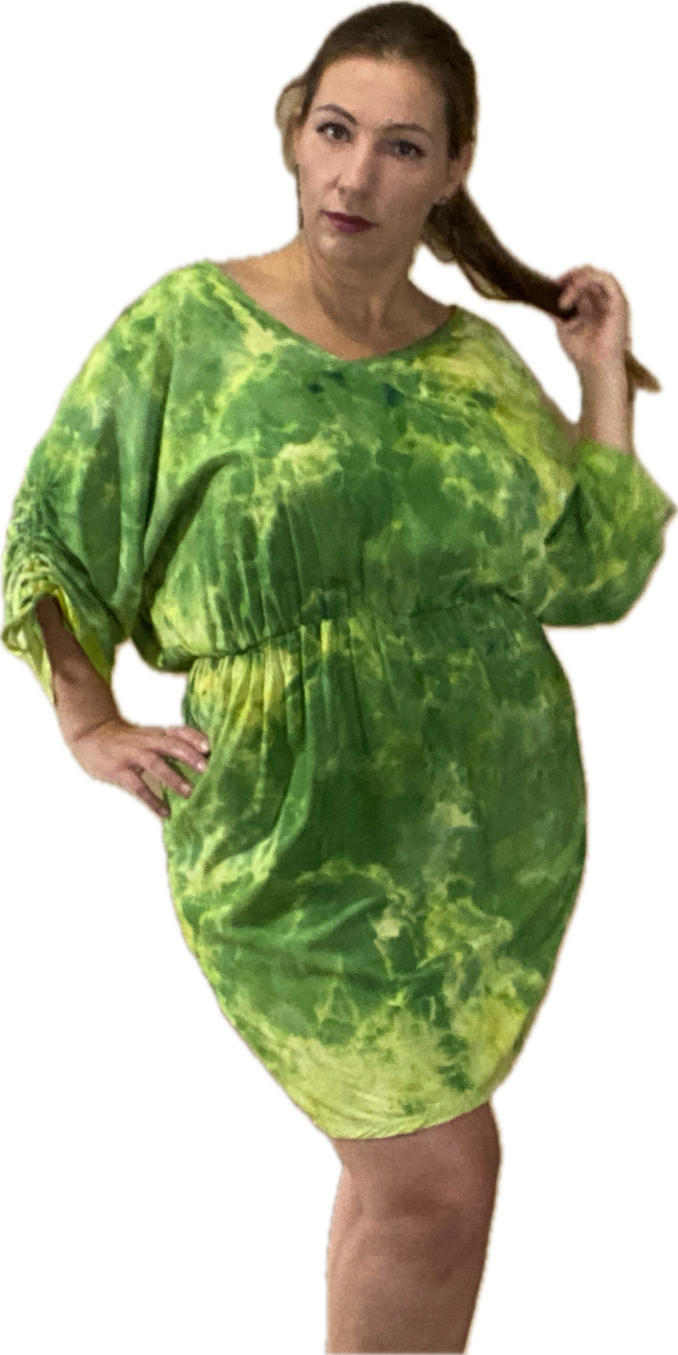 SHORT SLEEVE V NECK GATHERED ELASTIC WAIST 100%RAYON BLOUSON MIDI DRESS