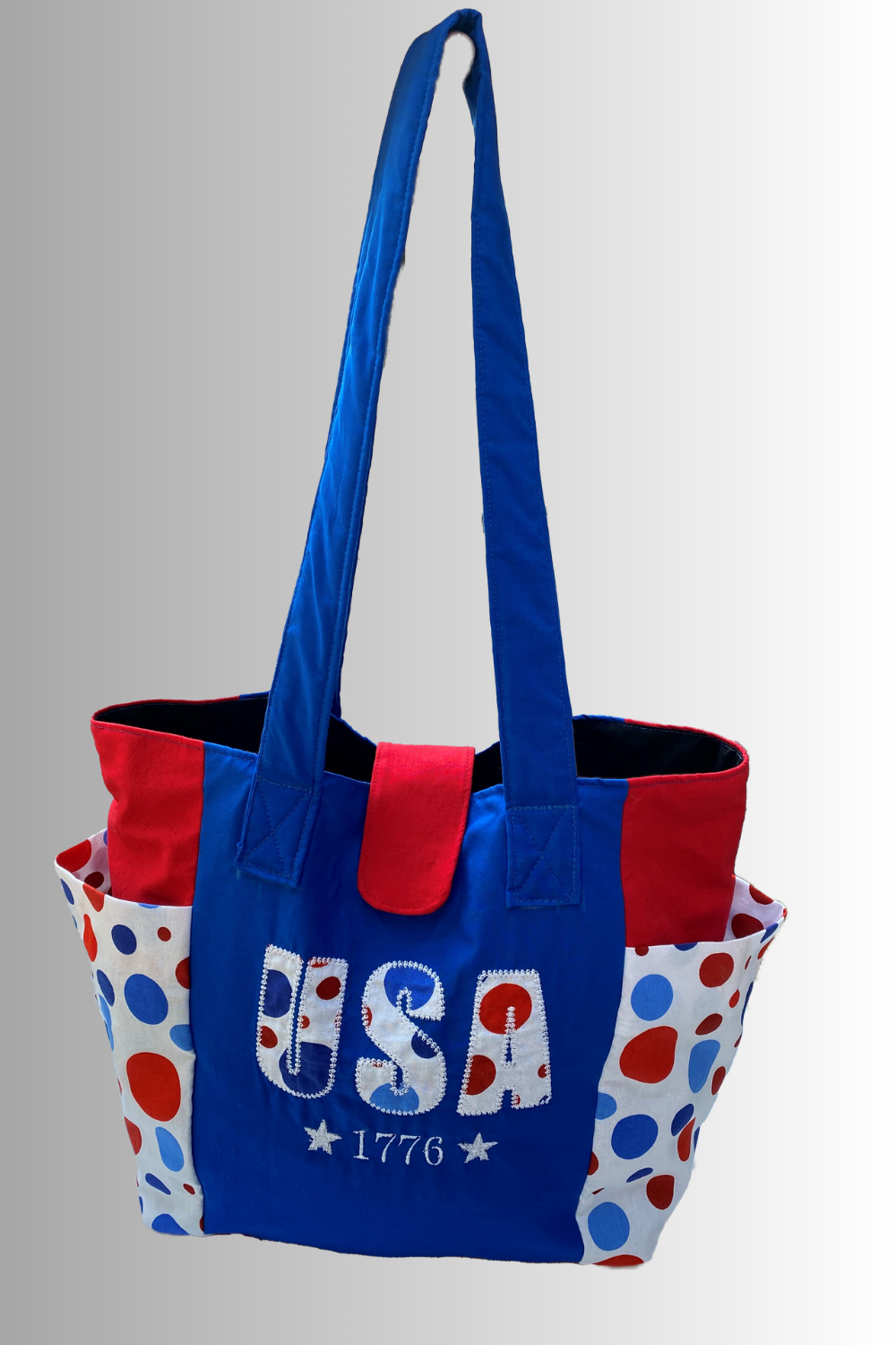 PATRIOTIC BUBBLE RED WHITE BLUE COTTON OPEN TOP HANDBAG