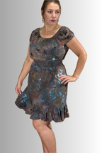 SHORT PUFF-SLEEVE SMOCKED 100% RAYON DRESS