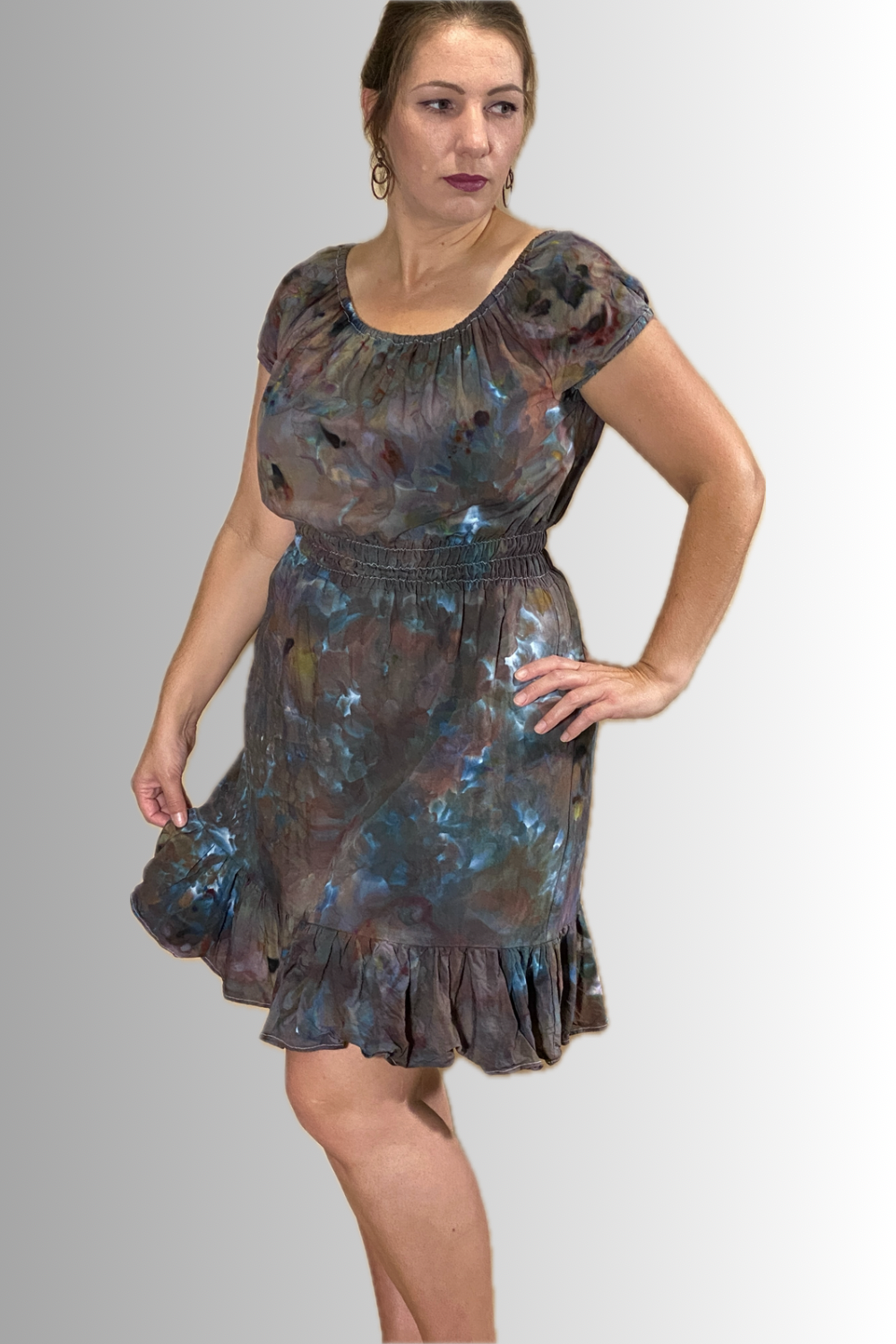 SHORT PUFF-SLEEVE SMOCKED 100% RAYON DRESS