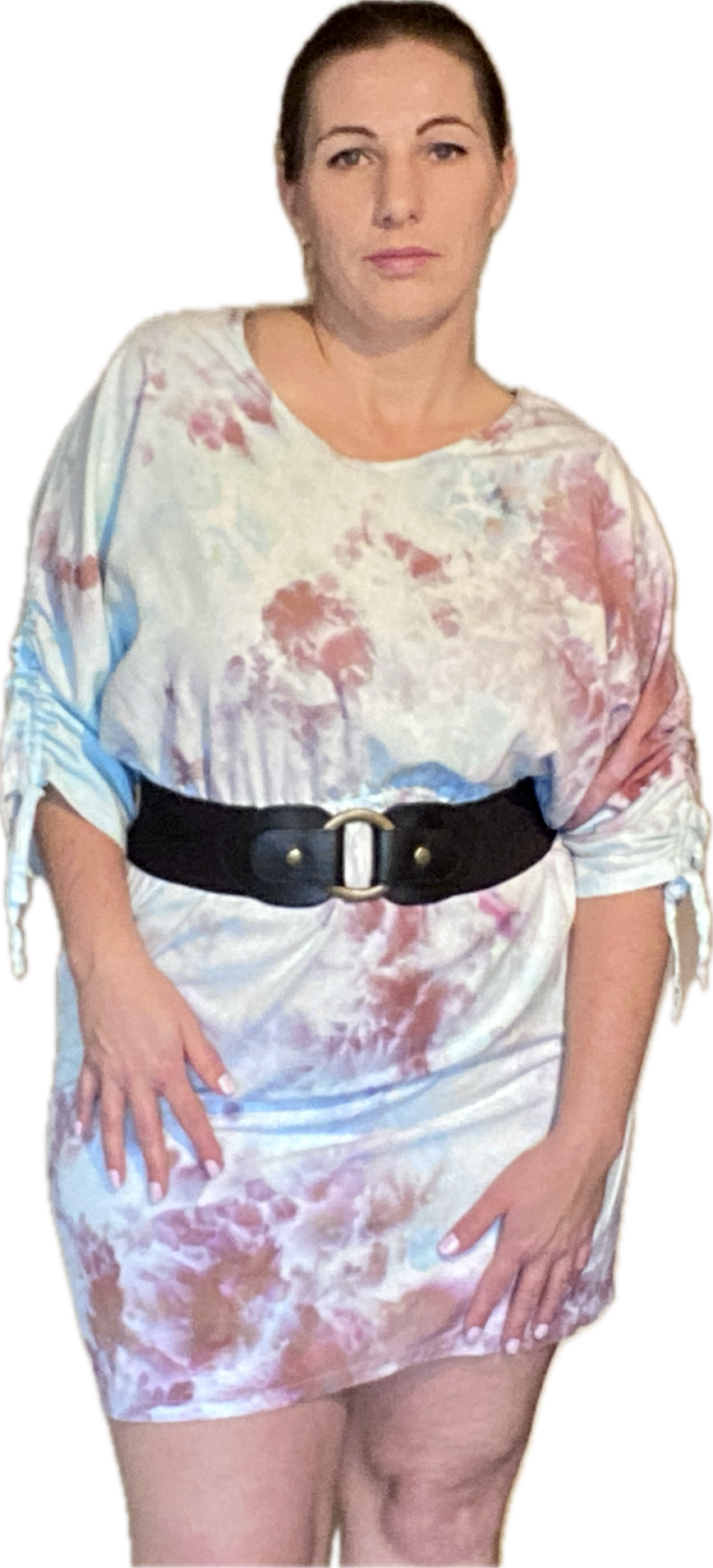 SHORT SLEEVE V NECK GATHERED ELASTIC WAIST 100%RAYON BLOUSON MIDI DRESS