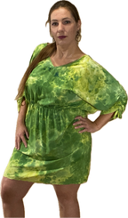 SHORT SLEEVE V NECK GATHERED ELASTIC WAIST 100%RAYON BLOUSON MIDI DRESS