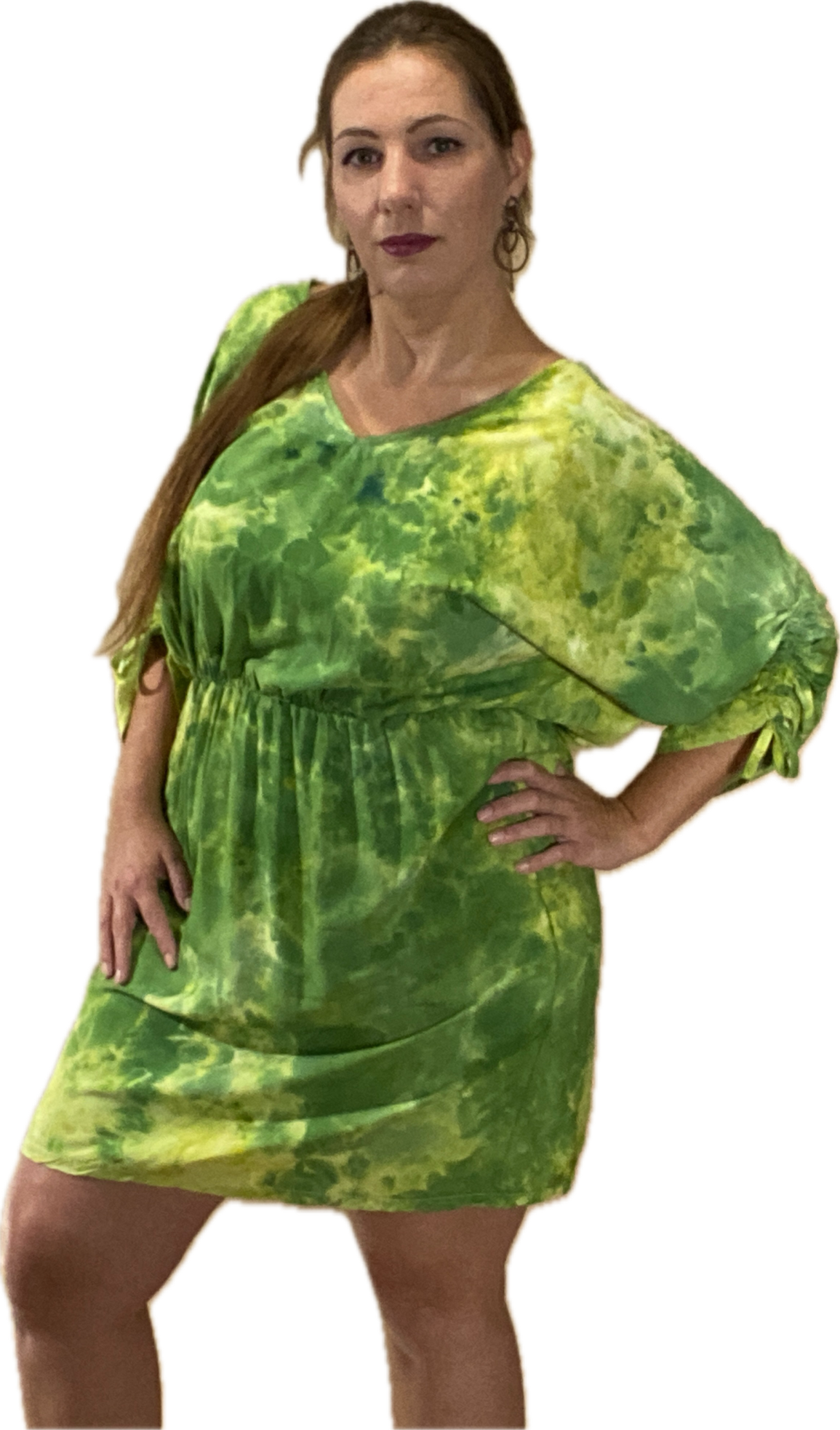 SHORT SLEEVE V NECK GATHERED ELASTIC WAIST 100%RAYON BLOUSON MIDI DRESS