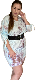 SHORT SLEEVE V NECK GATHERED ELASTIC WAIST 100%RAYON BLOUSON MIDI DRESS