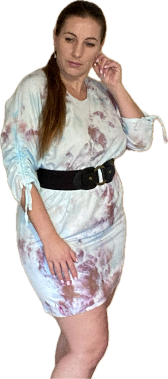 SHORT SLEEVE V NECK GATHERED ELASTIC WAIST 100%RAYON BLOUSON MIDI DRESS