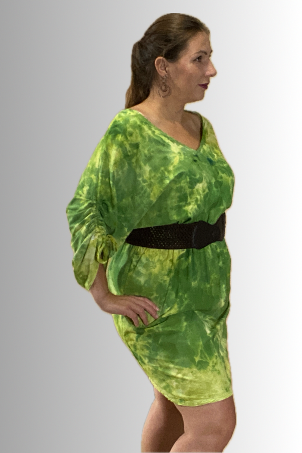 SHORT SLEEVE V NECK GATHERED ELASTIC WAIST 100%RAYON BLOUSON MIDI DRESS