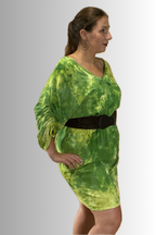 SHORT SLEEVE V NECK GATHERED ELASTIC WAIST 100%RAYON BLOUSON MIDI DRESS