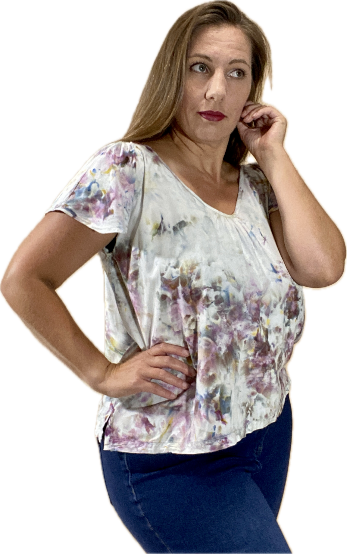 FLUTTER-SLEEVE V-NECK BLOUSE