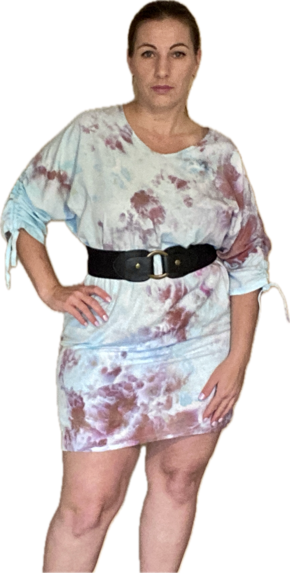 SHORT SLEEVE V NECK GATHERED ELASTIC WAIST 100%RAYON BLOUSON MIDI DRESS