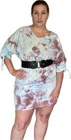 SHORT SLEEVE V NECK GATHERED ELASTIC WAIST 100%RAYON BLOUSON MIDI DRESS