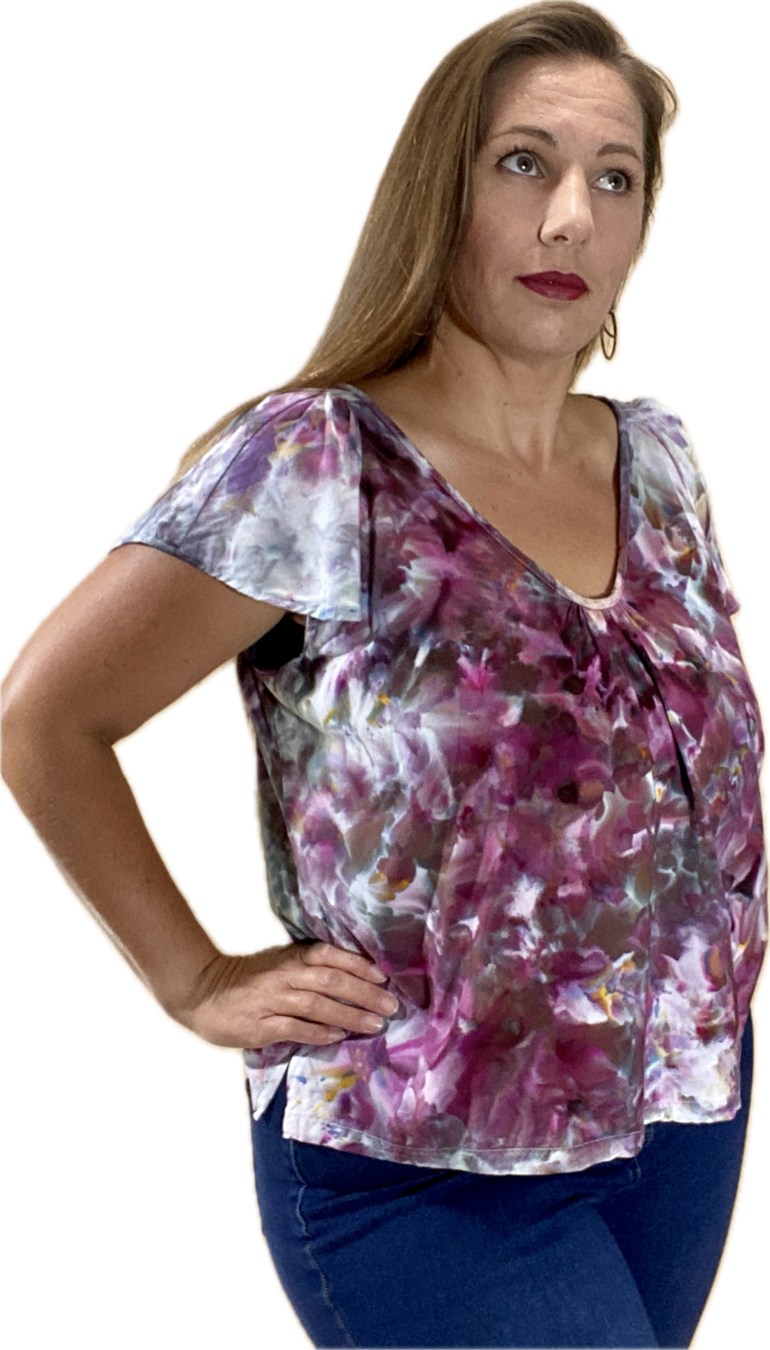 FLUTTER-SLEEVE V-NECK BLOUSE