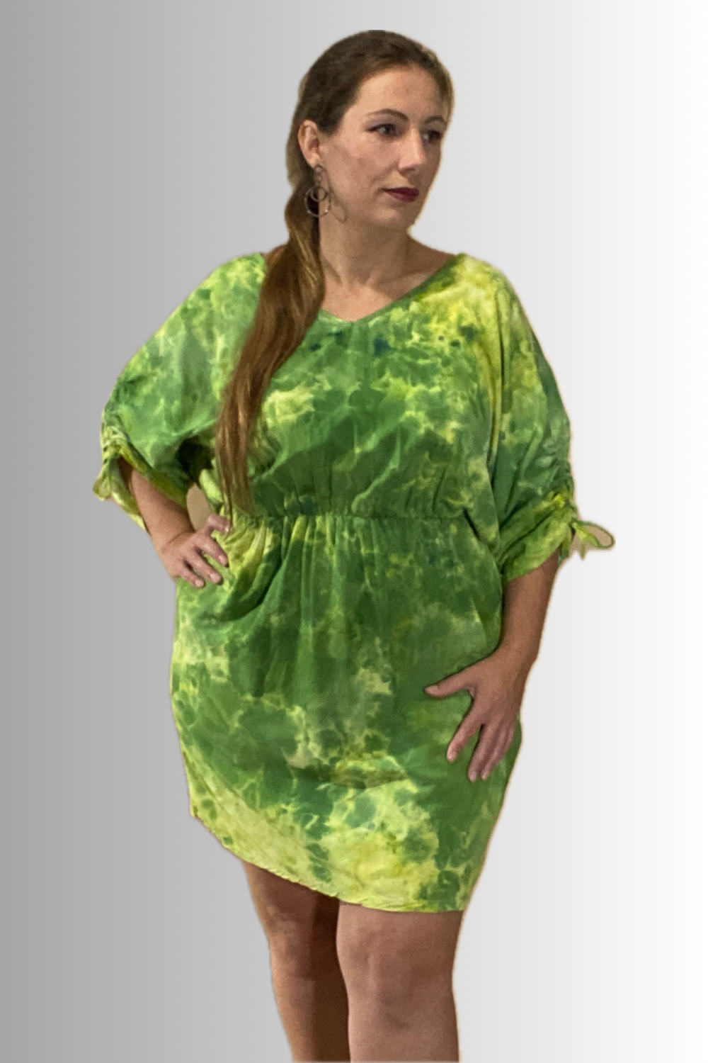 SHORT SLEEVE V NECK GATHERED ELASTIC WAIST 100%RAYON BLOUSON MIDI DRESS