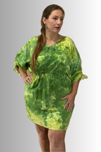 SHORT SLEEVE V NECK GATHERED ELASTIC WAIST 100%RAYON BLOUSON MIDI DRESS