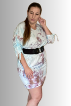 SHORT SLEEVE V NECK GATHERED ELASTIC WAIST 100%RAYON BLOUSON MIDI DRESS