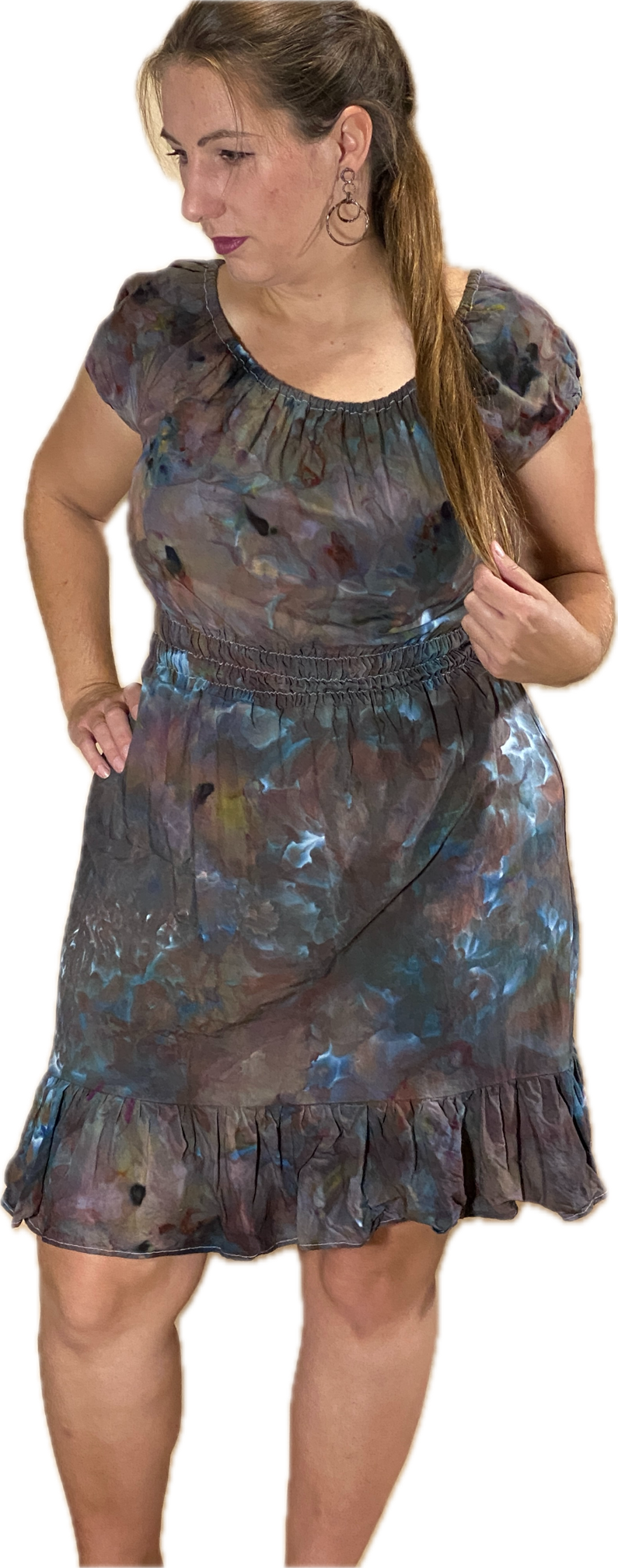 SHORT PUFF-SLEEVE SMOCKED 100% RAYON DRESS