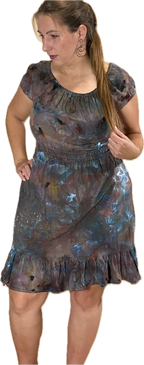 SHORT PUFF-SLEEVE SMOCKED 100% RAYON DRESS