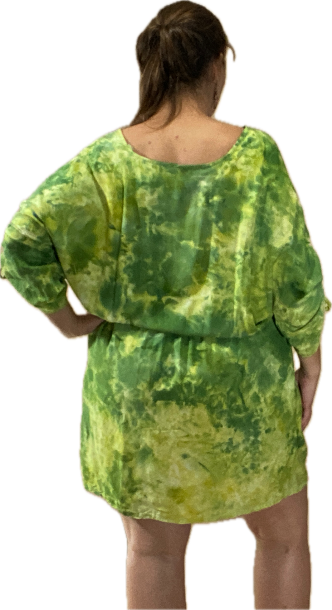 SHORT SLEEVE V NECK GATHERED ELASTIC WAIST 100%RAYON BLOUSON MIDI DRESS