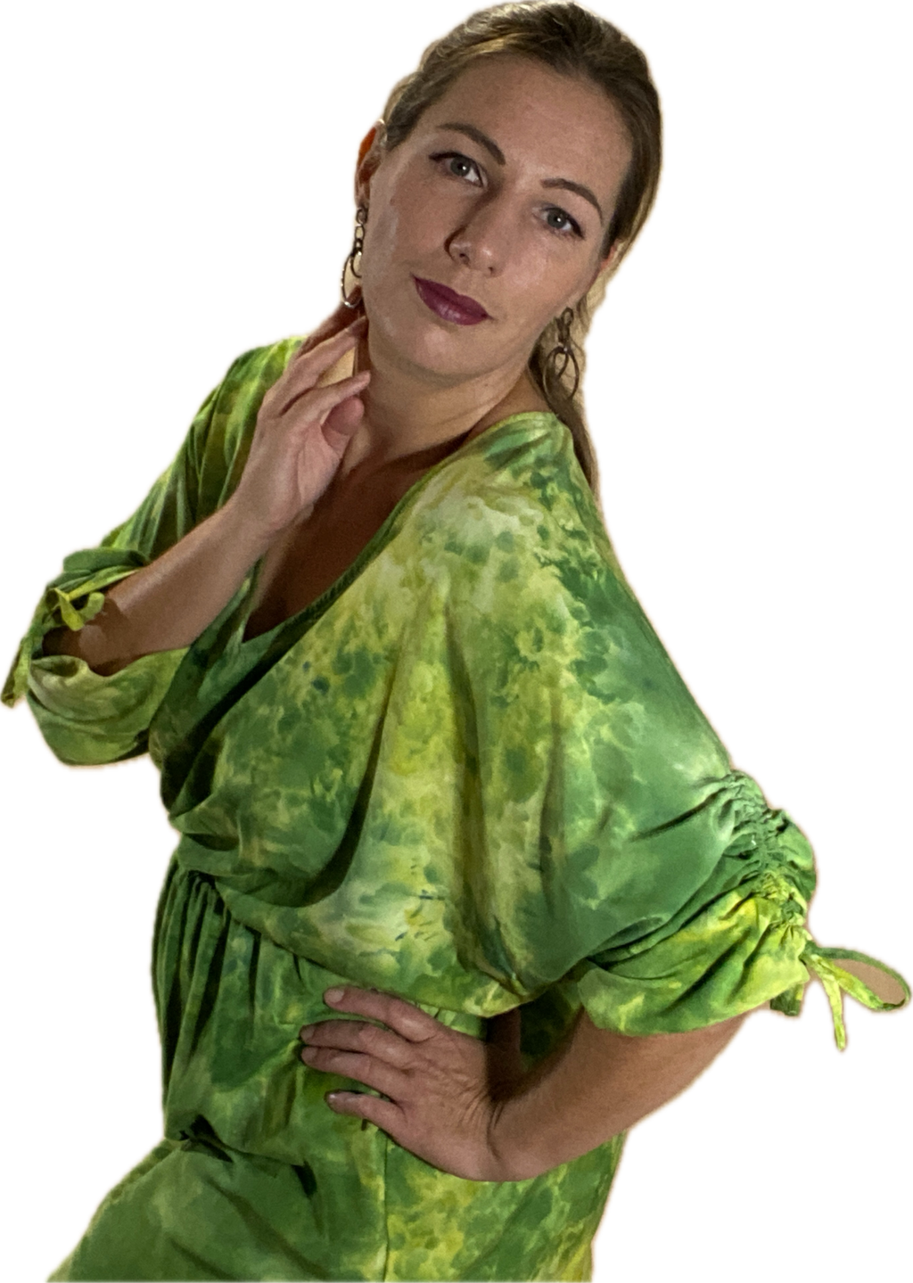 SHORT SLEEVE V NECK GATHERED ELASTIC WAIST 100%RAYON BLOUSON MIDI DRESS