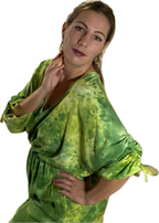 SHORT SLEEVE V NECK GATHERED ELASTIC WAIST 100%RAYON BLOUSON MIDI DRESS