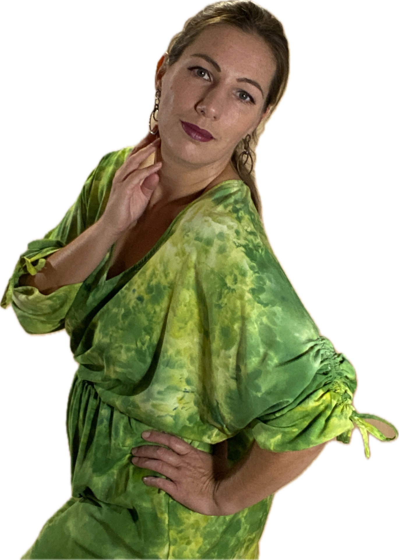 SHORT SLEEVE V NECK GATHERED ELASTIC WAIST 100%RAYON BLOUSON MIDI DRESS