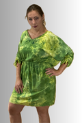 SHORT SLEEVE V NECK GATHERED ELASTIC WAIST 100%RAYON BLOUSON MIDI DRESS