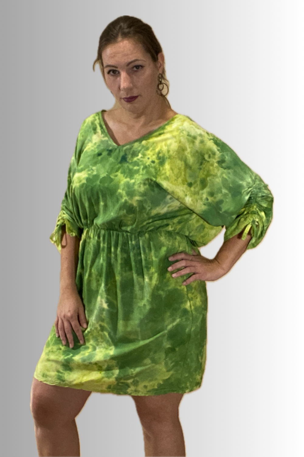 SHORT SLEEVE V NECK GATHERED ELASTIC WAIST 100%RAYON BLOUSON MIDI DRESS